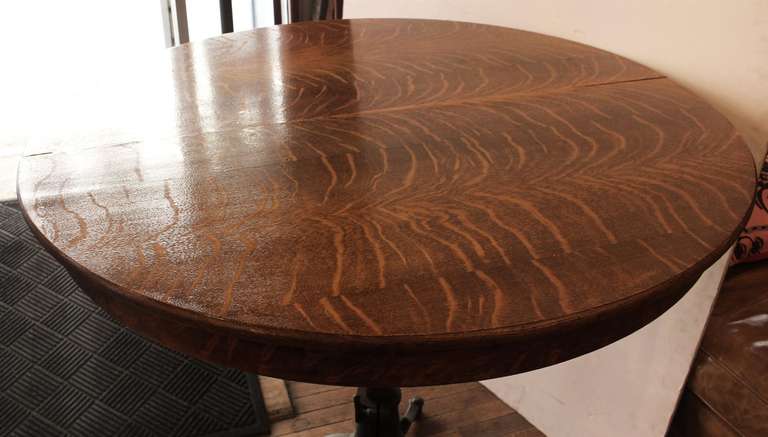 Extra Tall Quartersawn Round Oak Table on an Industrial Adjustable Base In Excellent Condition In New York, NY