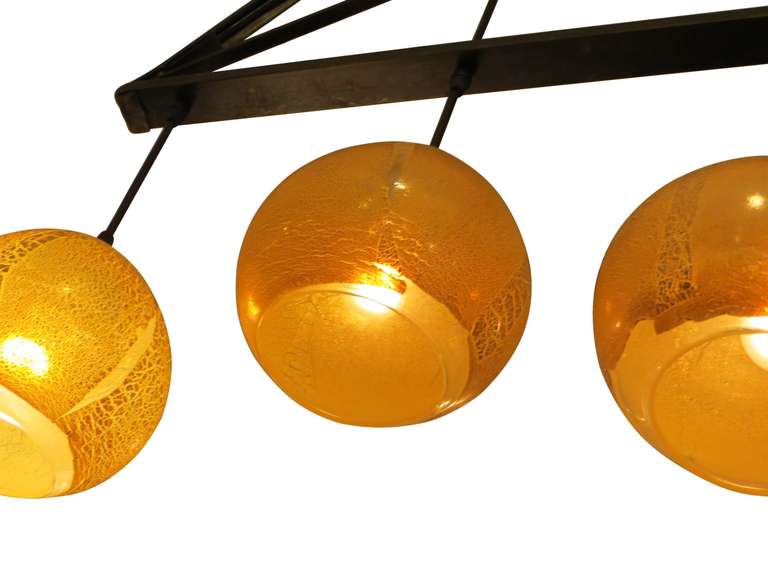 2009 Mid-Century Modern Style, Hand blown, Iron Triangle, Three Light Pendant In Excellent Condition In New York, NY