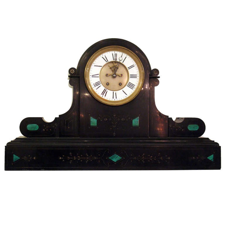 Oversized Slate Mantel Clock with Green Marble Inserts and Carved