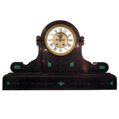 Oversized Slate Mantel Clock with Green Marble Inserts and Carved Floral Designs