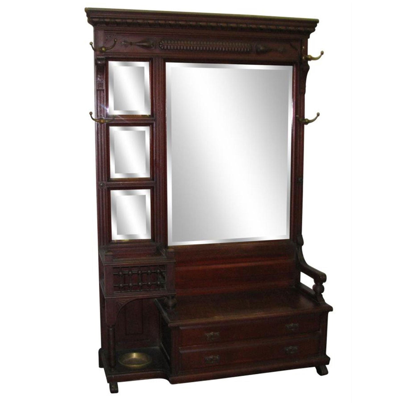 Late 1800s Beveled Pier Mirror with Coat Hooks and Umbrella Stand