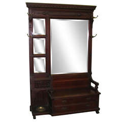 Antique Late 1800s Beveled Pier Mirror with Coat Hooks and Umbrella Stand