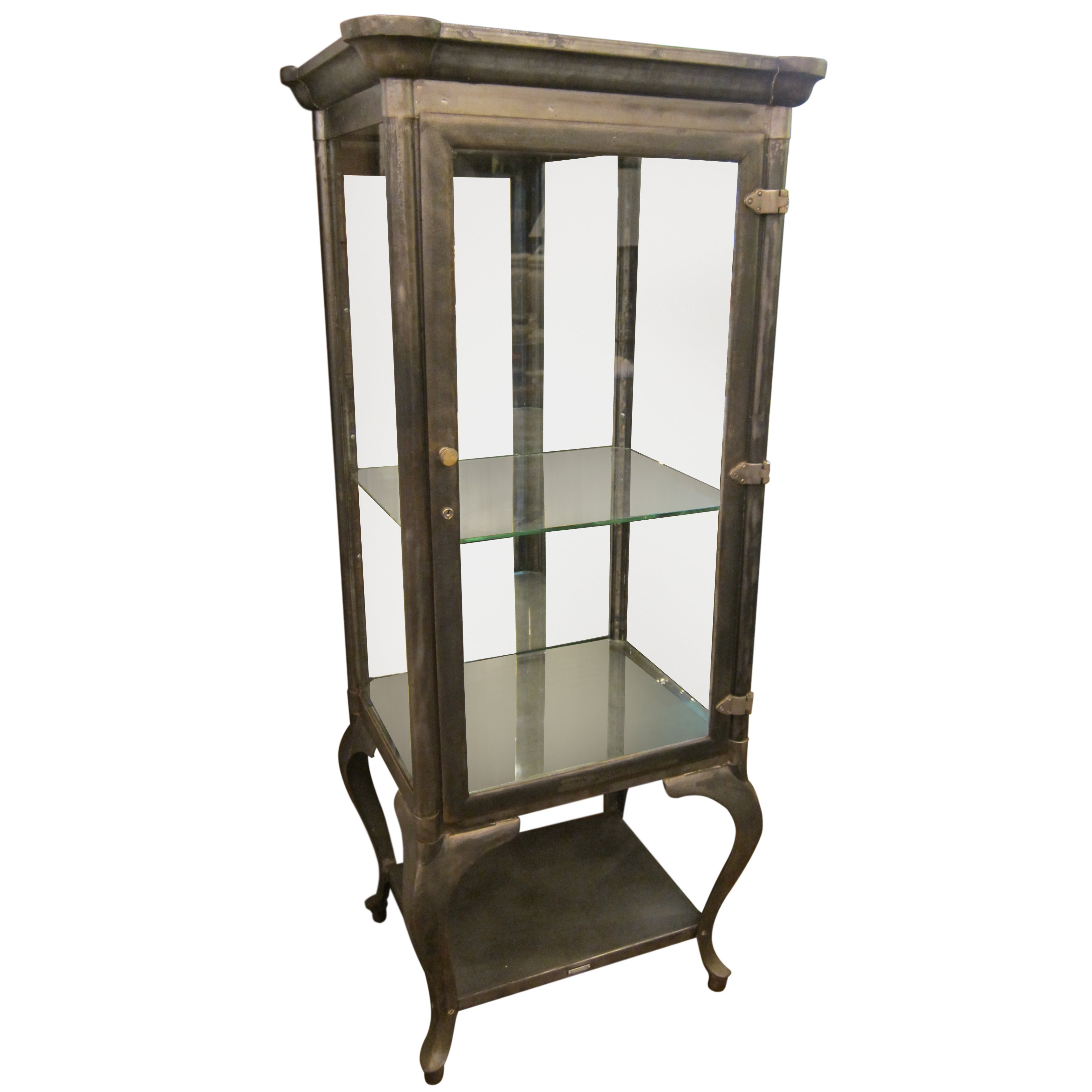 1907 Stripped Steel Dental Cabinet with Mirrored Backpanel and Glass Shelves