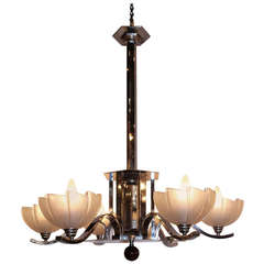 Chrome Art Deco Chandelier with Six Frosted Shades