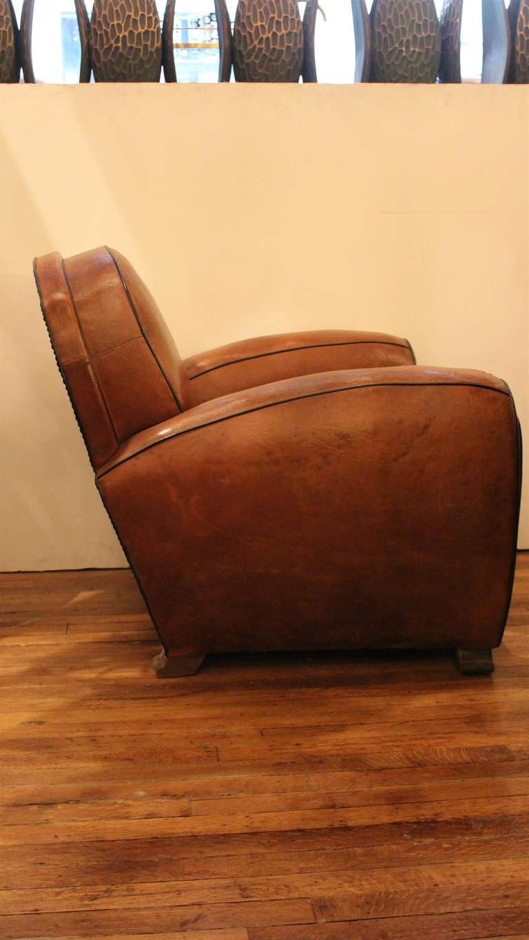 Mid-20th Century French Art Deco Leather Sofa and Club Chair
