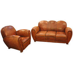 French Art Deco Leather Sofa and Club Chair