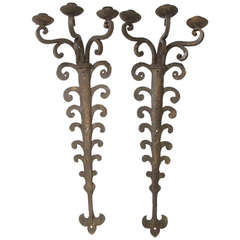 Pair of Tall Unusual French Wrought Iron Candle Style Sconces