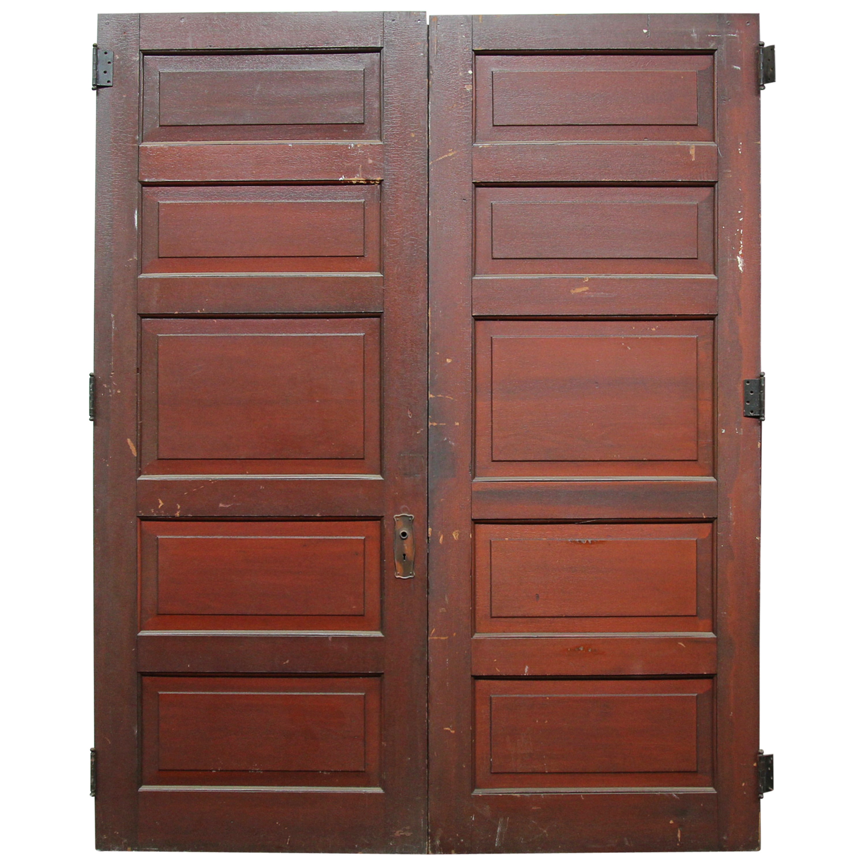 1920s Pair of Five-Panel Wooden Doors with Original Fumed Copper Hardware