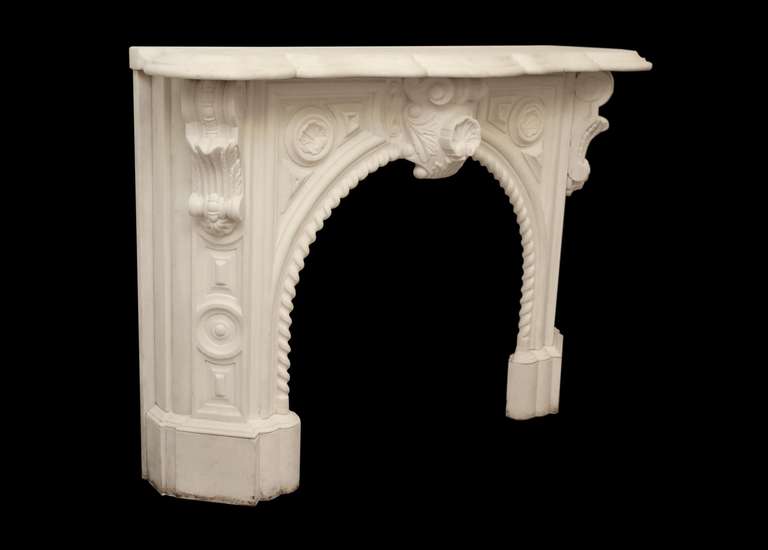 American Heavily Carved Mid-1860s Statuary White Marble Mantel from Brooklyn