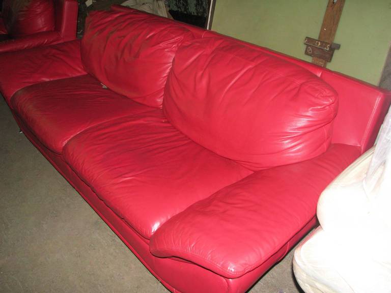 Red Leather Retro Sofa and Chair Set 2