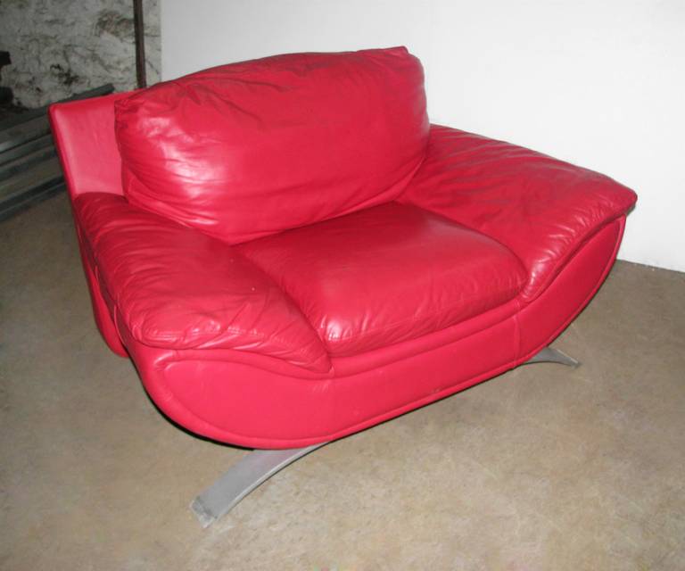 Red Leather Retro Sofa and Chair Set 3