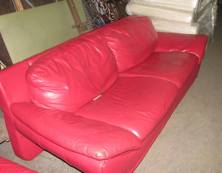 Red Leather Retro Sofa and Chair Set 1
