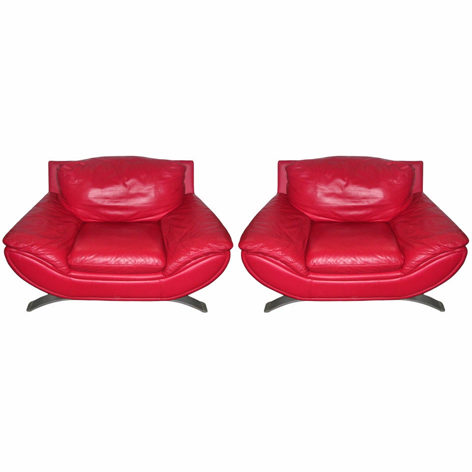 Red Leather Retro Sofa and Chair Set