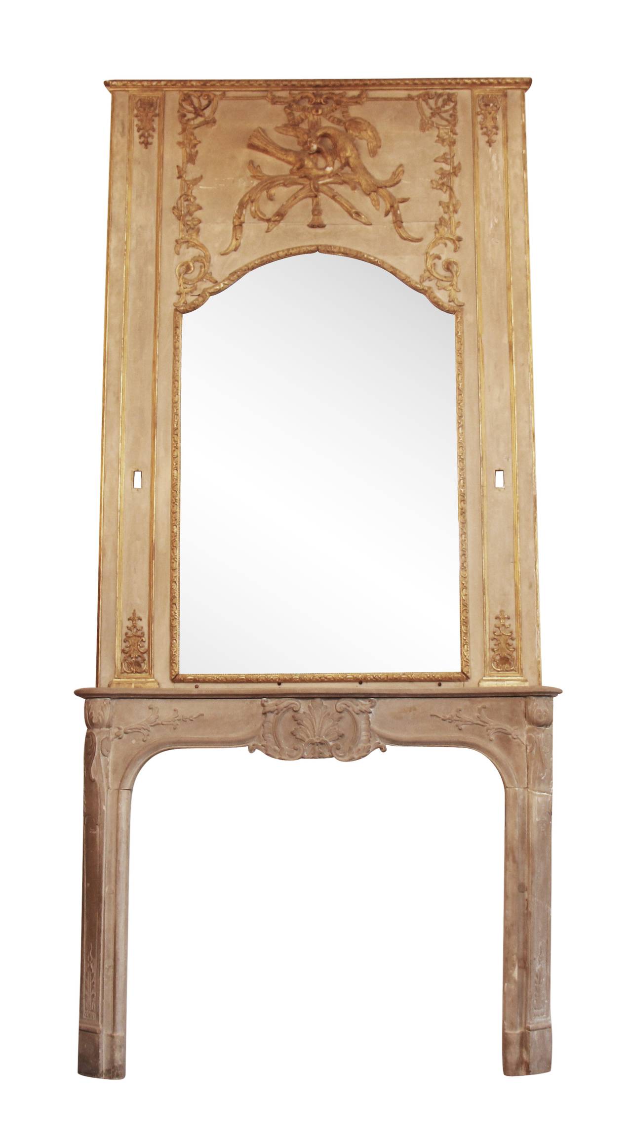 Limestone mantel with large ornate overmantel mirror, salvaged from a penthouse at 1107 5th Ave. overlooking the reservoir in Central Park. Original finishes. This item can be viewed at our 302 Bowery location in Manhattan.
