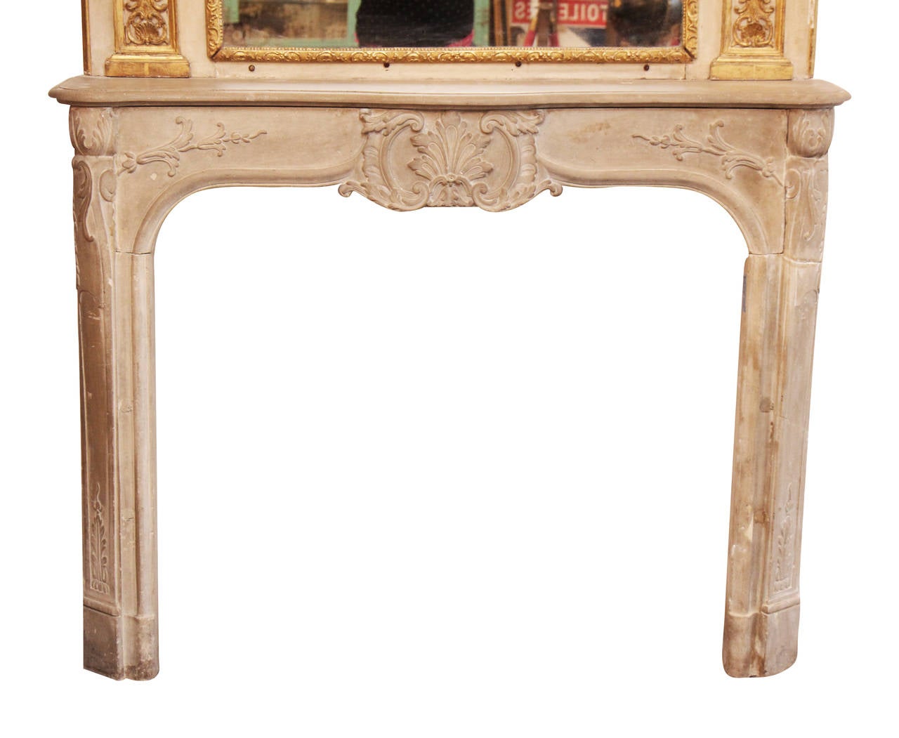 Early 20th Century 1925 Limestone Mantel with Large Gilded Overmantel Mirror and Original Sconces
