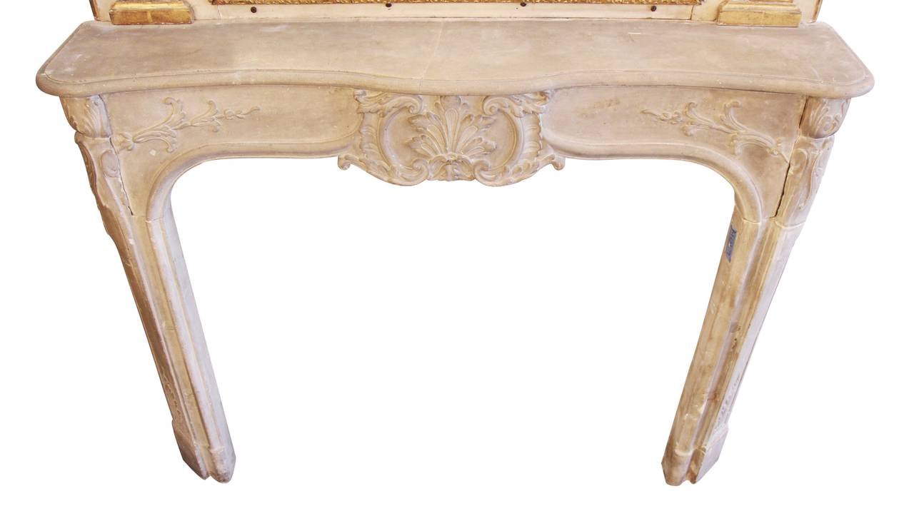 1925 Limestone Mantel with Large Gilded Overmantel Mirror and Original Sconces 1