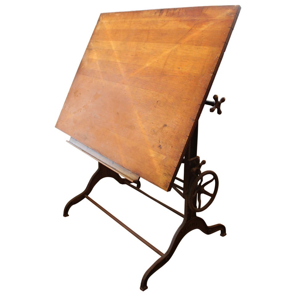 Late 1800s Dietzgen Drafting Table with Adjustable Cast Iron Base