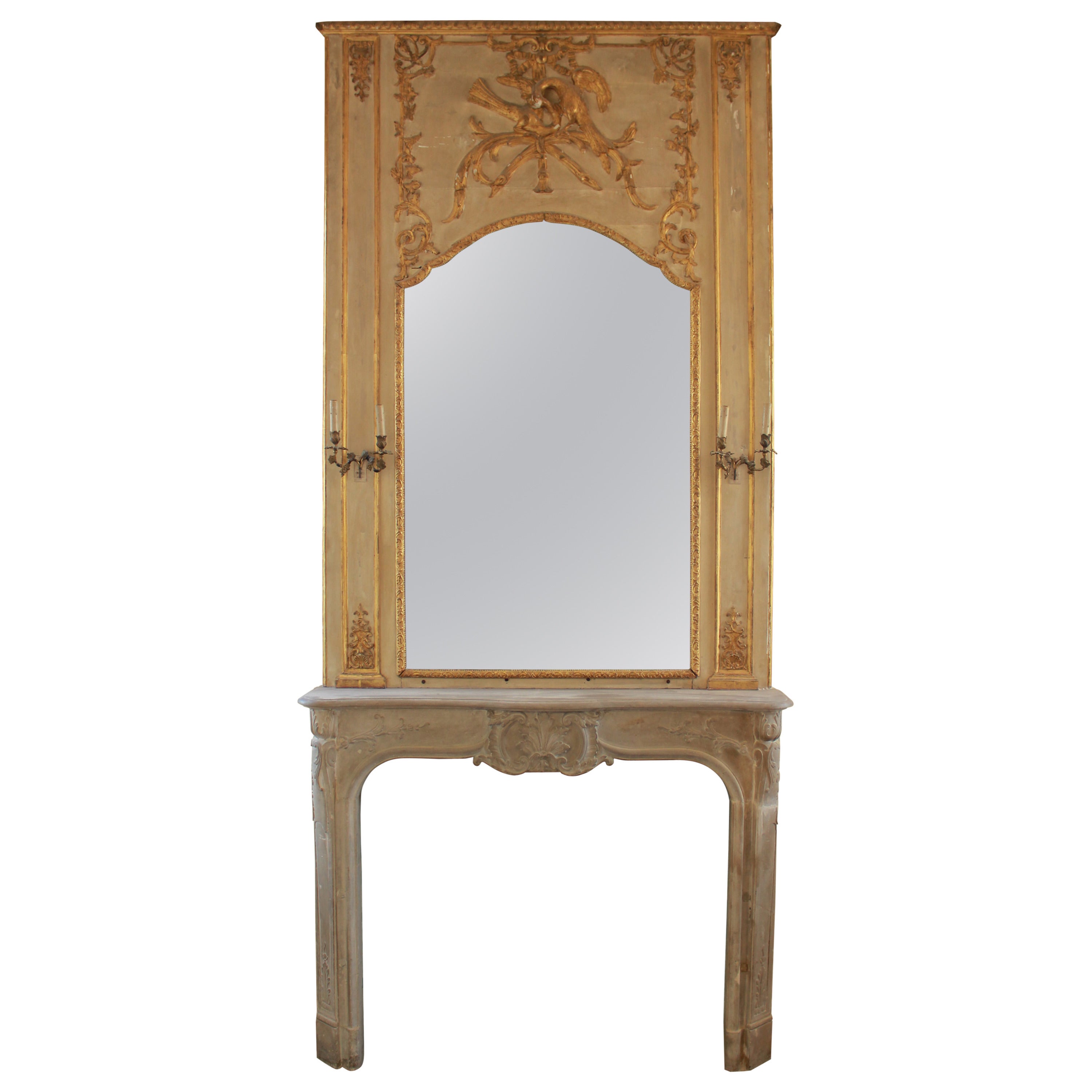 1925 Limestone Mantel with Large Gilded Overmantel Mirror and Original Sconces
