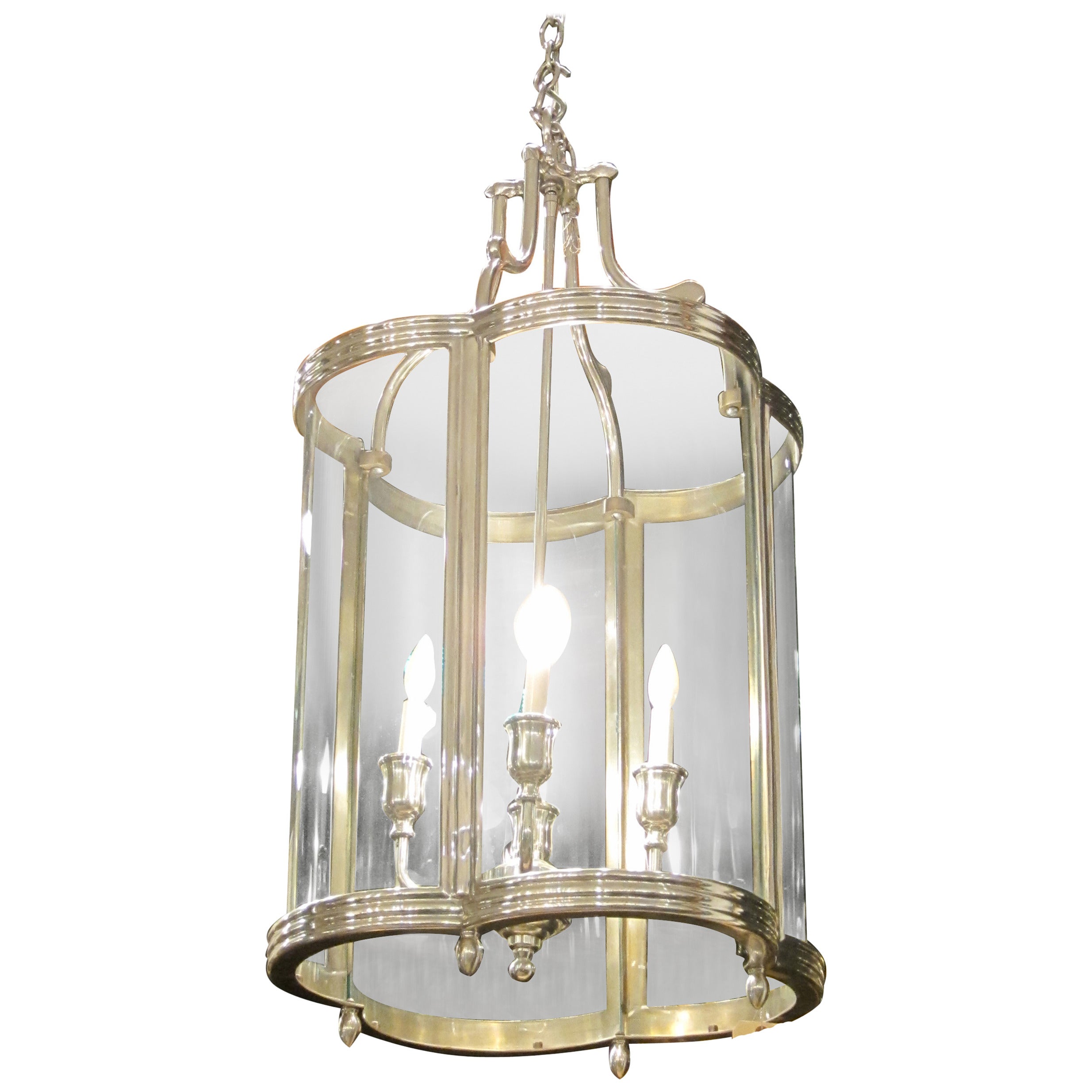 Georgian Style Quatrefoil Pendant Lantern with Curved Glass and Nickel Finis