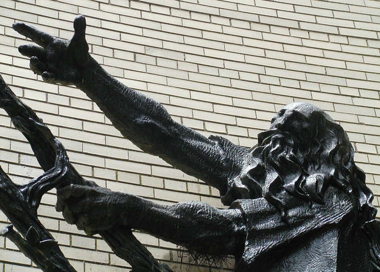 Retrieved from a North Bergen, New Jersey synagogue before it's demolition a few years ago. Solid bronze religious sculpture of Moses parting the Red Sea with a black finish. It was originally fastened to the building's curved exterior wall. Please