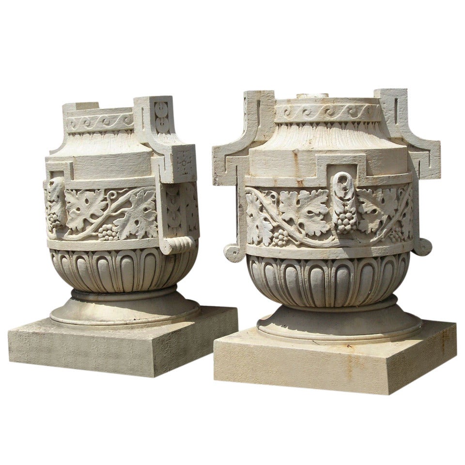 1927 Pair of Huge Hand Carved Limestone Acroteria Urns from Madison Ave