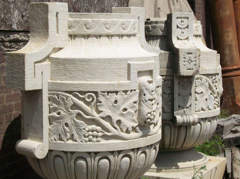 This huge pair of architectural limestone acroteria urns originally graced the top corners of the National American Building, formerly located at 340 Madison Avenue, New York City. This building was constructed in 1927 and was designed by the