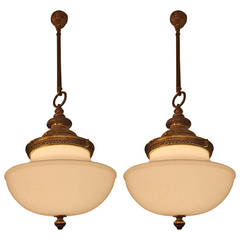 Pair of Large Milk Glass and Brass Pendant Lights
