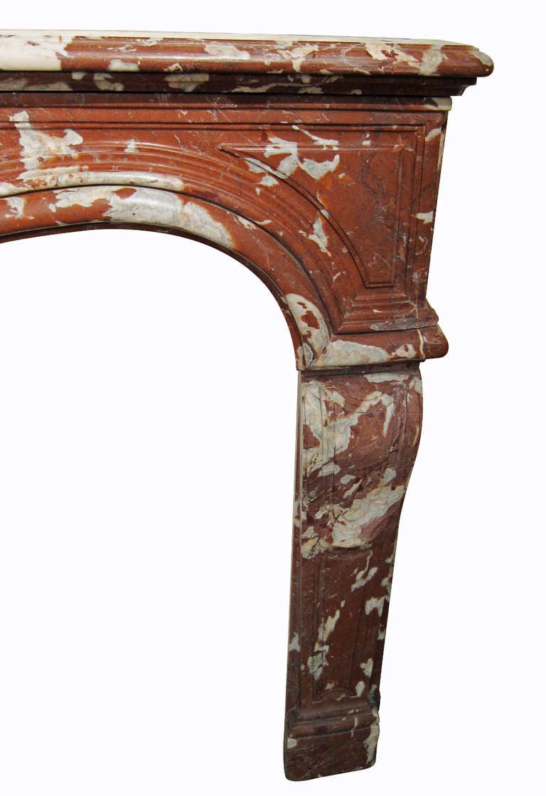 French 1800s Louis XV Period Carved Red snd White Rosa Marble Mantel