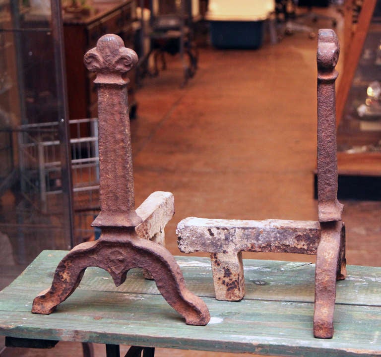 Rare Pair of 1700s Cast Iron Fireplace Andirons