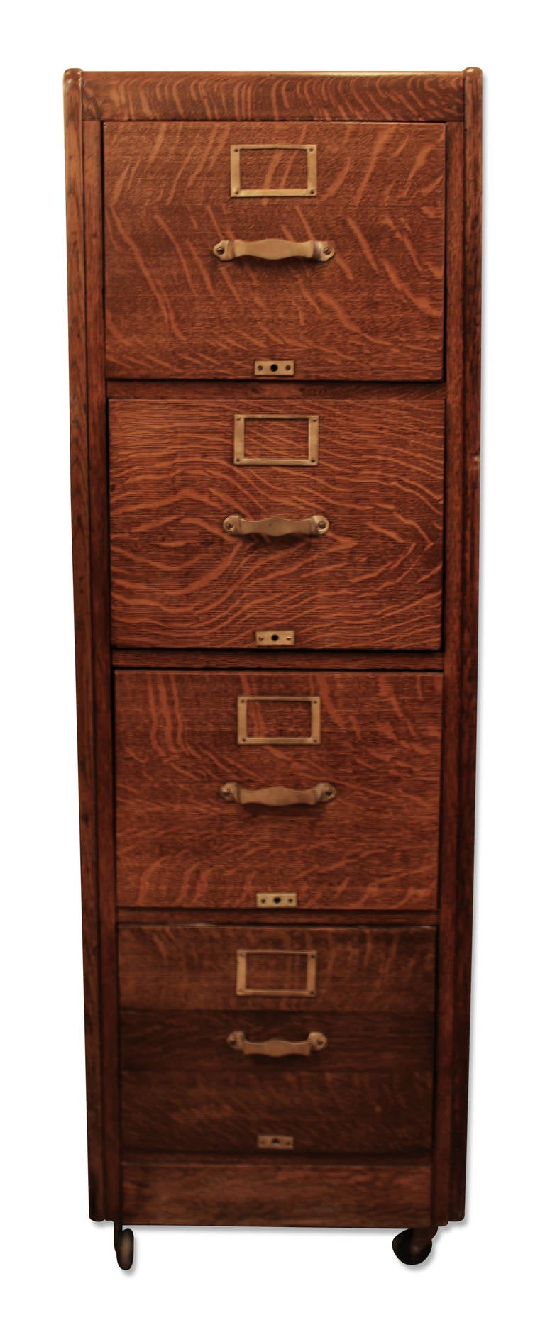 Mid-20th Century Tiger Oak Four Drawer File Cabinet with Original Hardware
