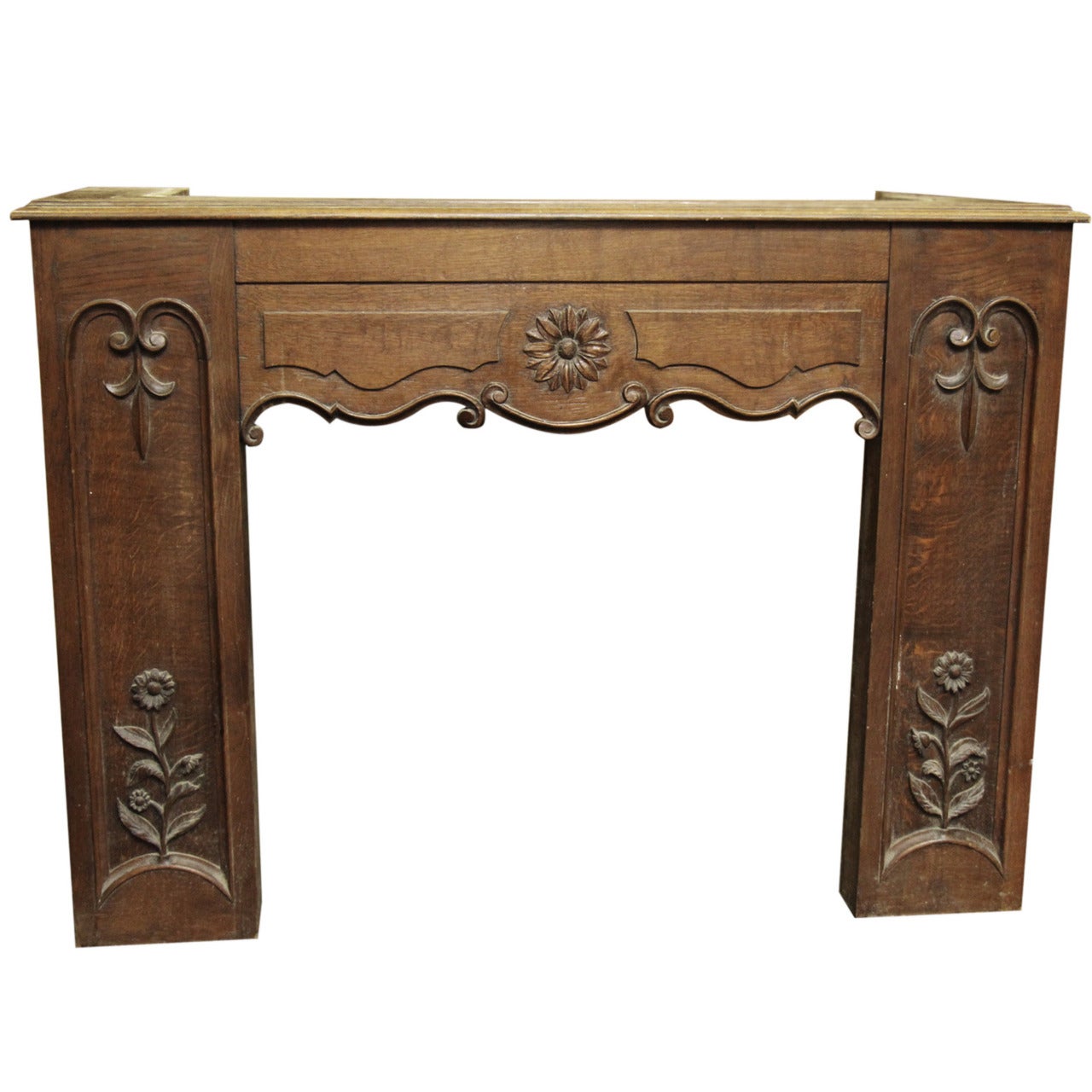 1930s Carved Wooden Chimney Mantel with Floral and Rose Detailing
