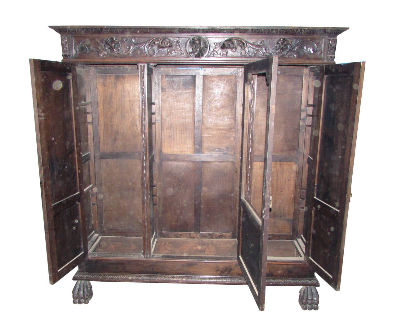 Late 19th Century 1880s Hand-Carved Figural Cabinet with Claw Feet, Faces and Interior Light
