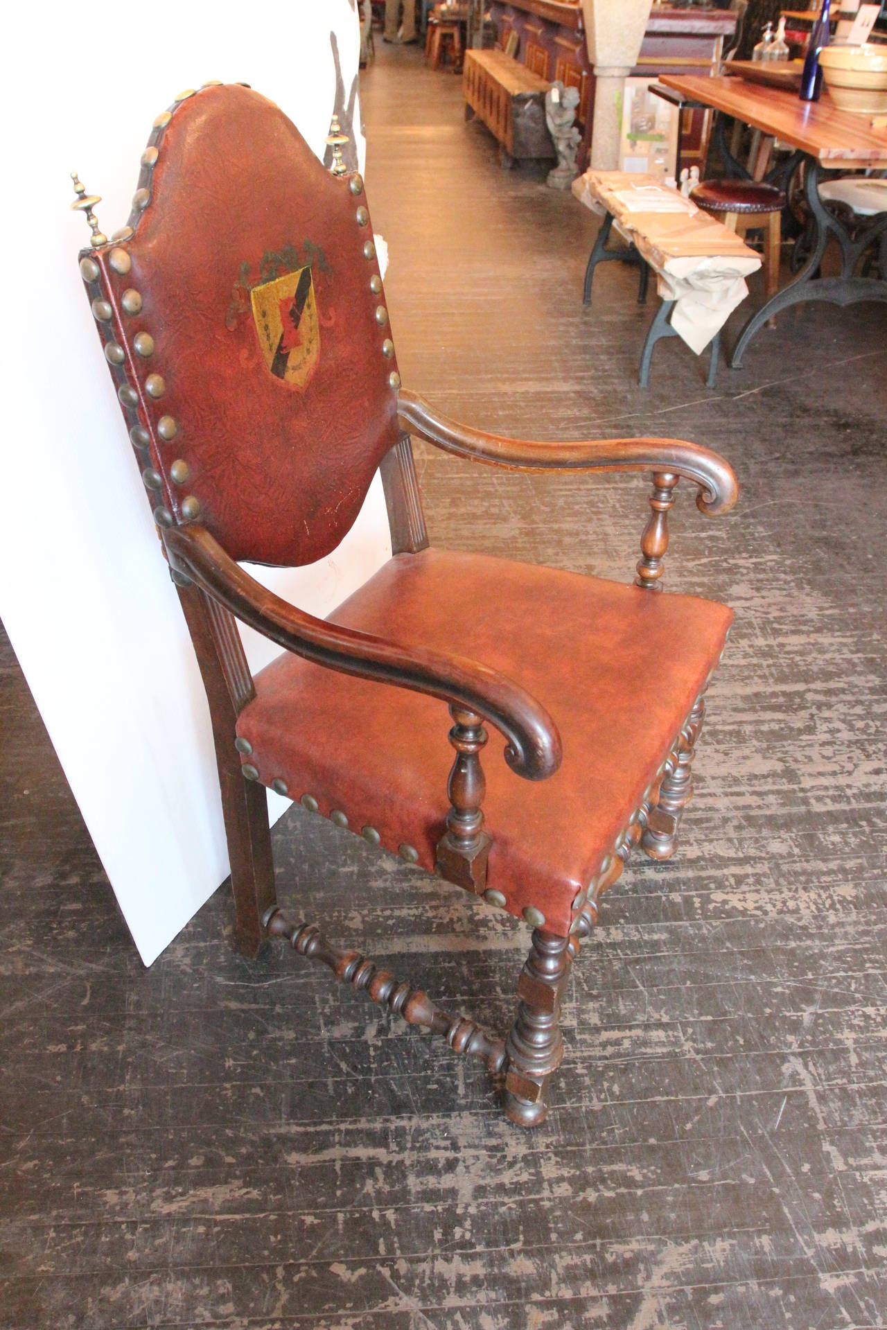 1920s Set of Six Carved French Dining Chairs with Solid Brass Finials and Rivets 1