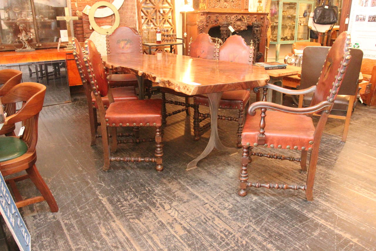 1920s Set of Six Carved French Dining Chairs with Solid Brass Finials and Rivets 3