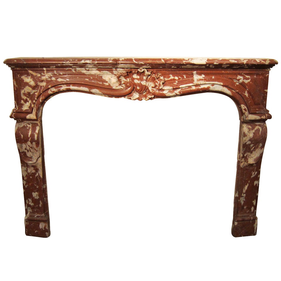 1800s Louis XV Period Carved Red snd White Rosa Marble Mantel