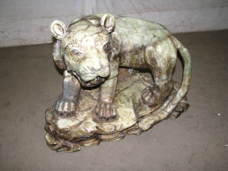 1940s Hand Carved Green Onyx Lion Statue with Great Patina 1