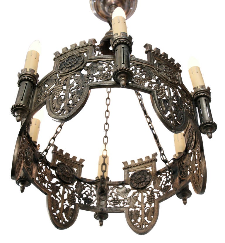 Beautifully Detailed Six-Light Bronze English Tudor Style Chandelier In Excellent Condition In New York, NY
