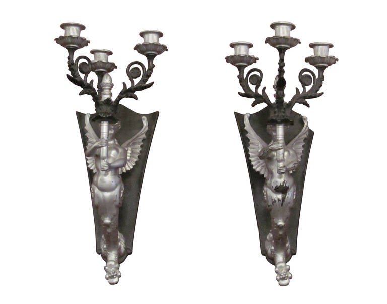Pair of Brass Mermaid Sconces Three Candles Each