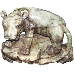 1940s Hand Carved Green Onyx Lion Statue with Great Patina