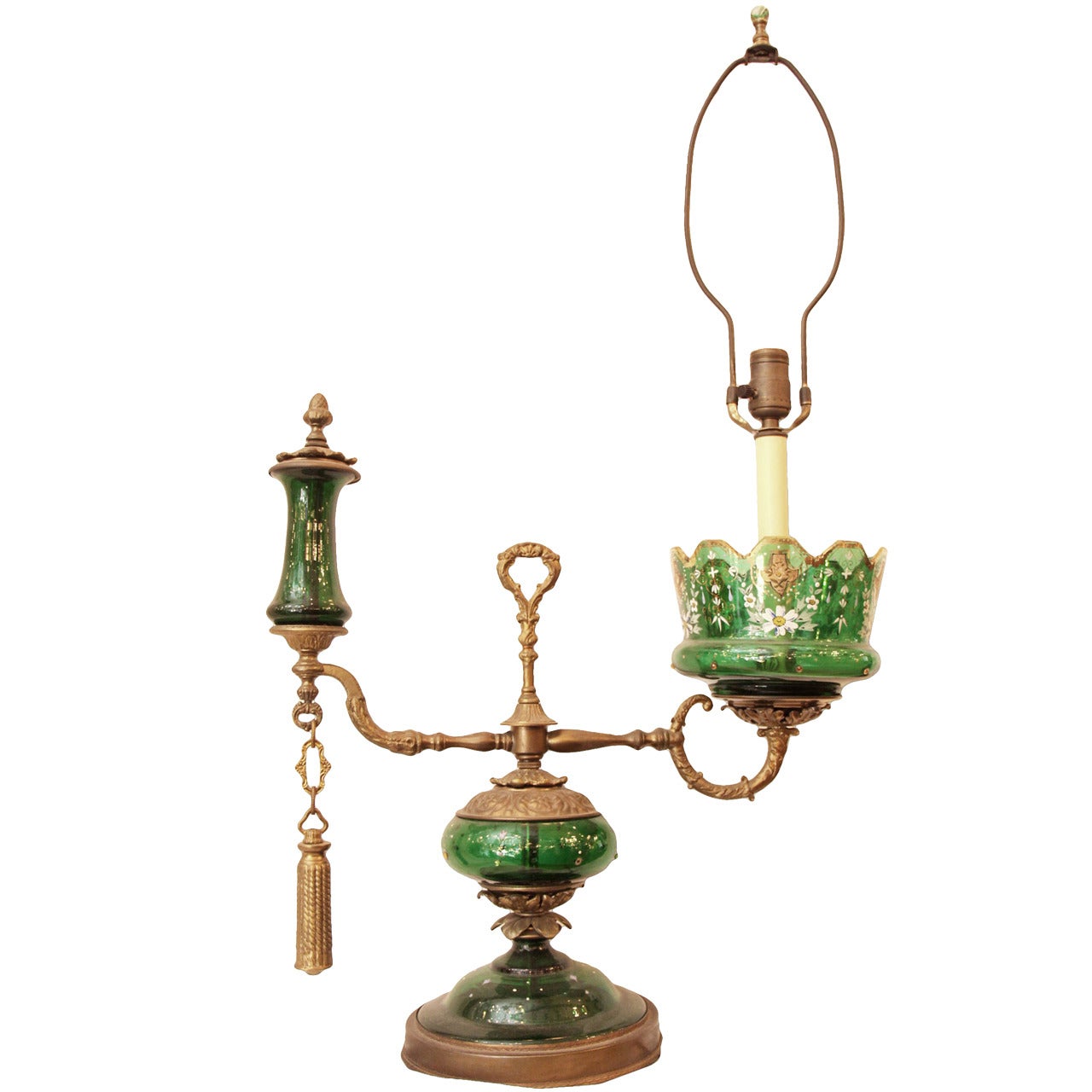 1800s Wired Antique Lamp with Green Glass