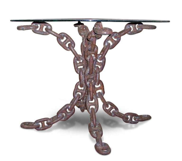 This table was made from old wrought iron nautical chain. Each link of the anchor chain has the original patina and paint. Glass top not included.  Custom sizes available. Please inquire. This item can be seen at our National Warehouse at 400