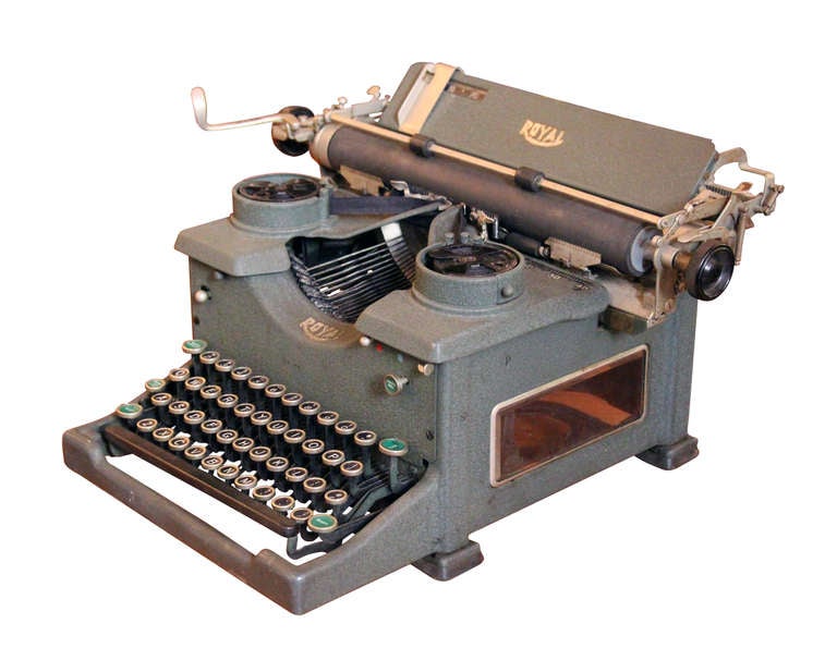 This is an Army green version of the Royal 10 typewriter (perhaps made for the military).  The Royal Model 10 was marketed as being the sturdiest and strongest typewriter around. To underline the point, the Royal company even organized stunts, where
