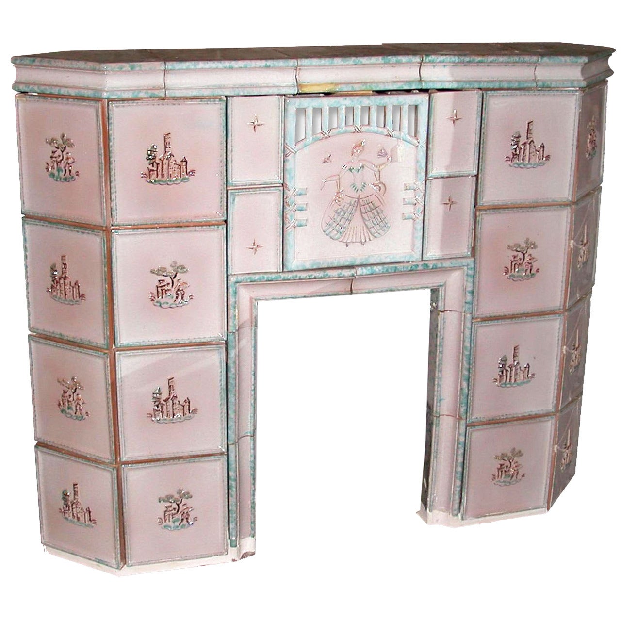 1800s Austrian Pink Tile Mantel With Scences