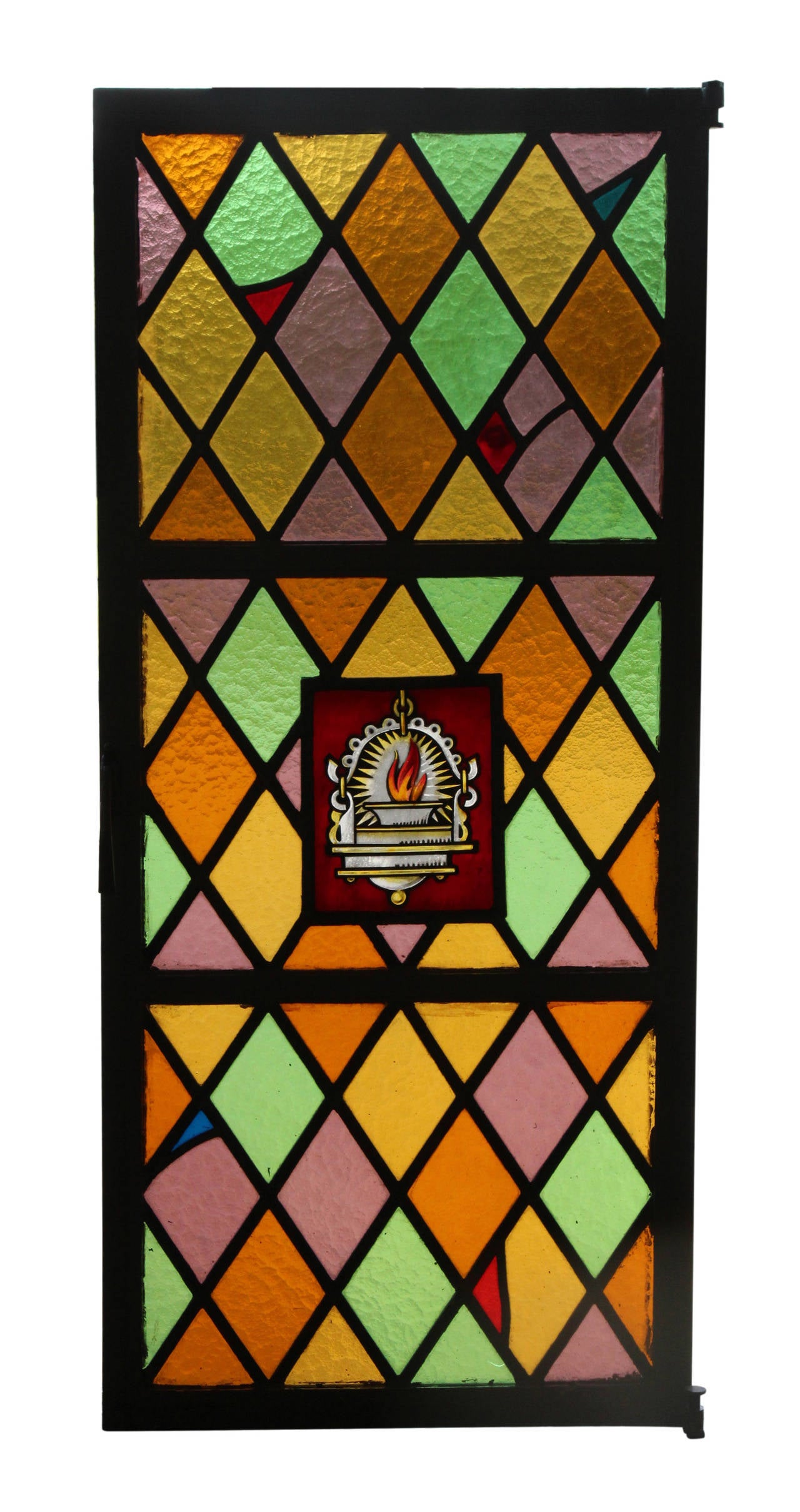 1920s set of eight steel stained glass casement windows reclaimed from East 86th St. All have different designs, some with painted details. Some minor cracks. These can be viewed at our 302 Bowery location in Manhattan.