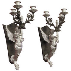 Pair of Brass Mermaid Sconces Three Candles Each