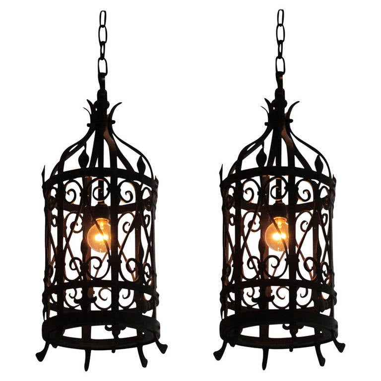 French Faux Clock Six Light Hanging Fixture Of Wrought Iron For Pair Of Wrought Iron Lantern Light Fixtures