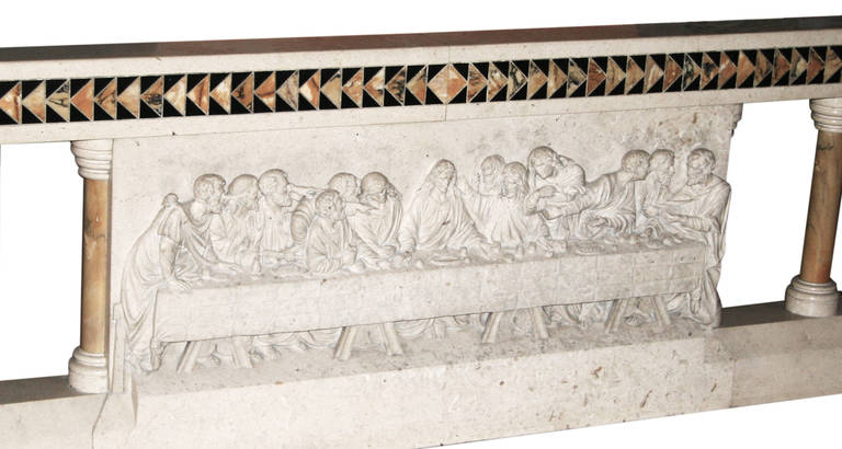 Extraordinary carved altar rail from an early 1900s Pennsylvania church. The last supper and other figures are carved in the marble. The detailing is antique glass mosaic tile. The quality and craftsmanship of this piece are excellent. This is