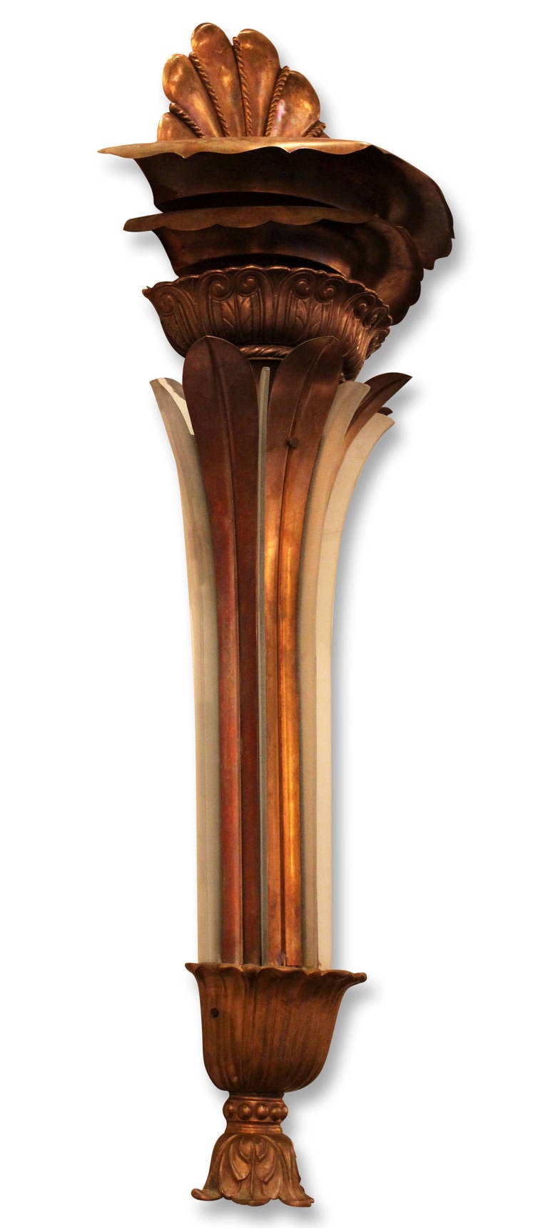 These Art Deco theater sconces were reclaimed from the American Theater in Bronx, NYC. They are from 1939 and are fully restored. They are constructed of red brass and frosted glass. At time of posting we also have larger versions available.