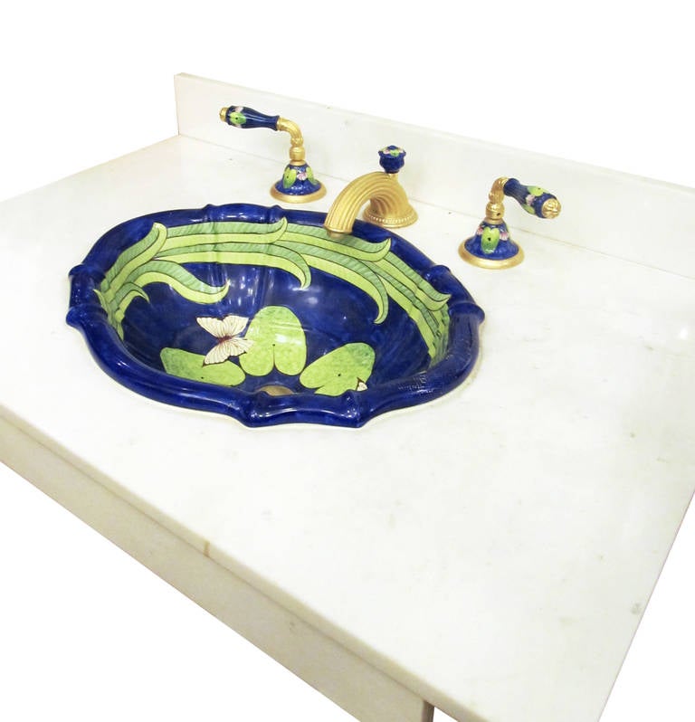 American Hand-Painted Sherle Wagner Sink with Gold-Plated Hardware