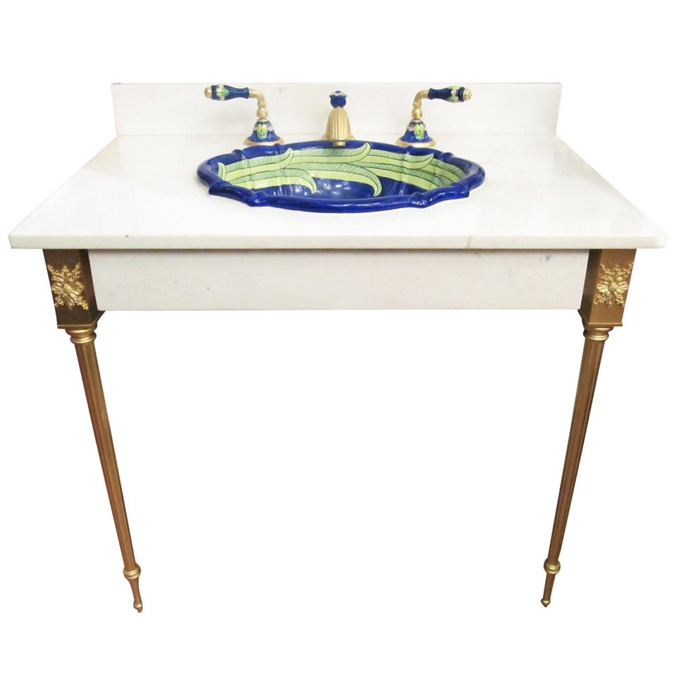 Hand-Painted Sherle Wagner Sink with Gold-Plated Hardware